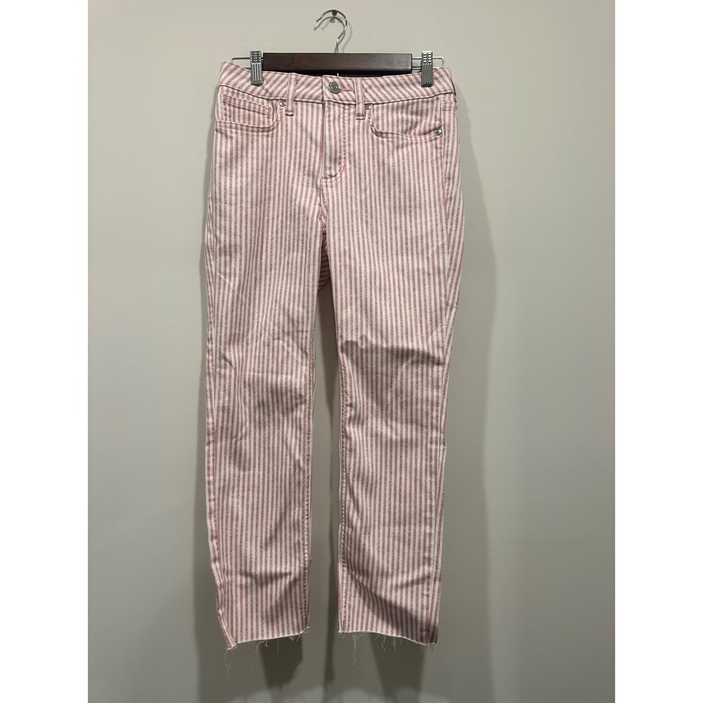 LC Lauren Conrad Skinny Crop Jeans Pink White Striped Mid Rise Raw Hem Size 8